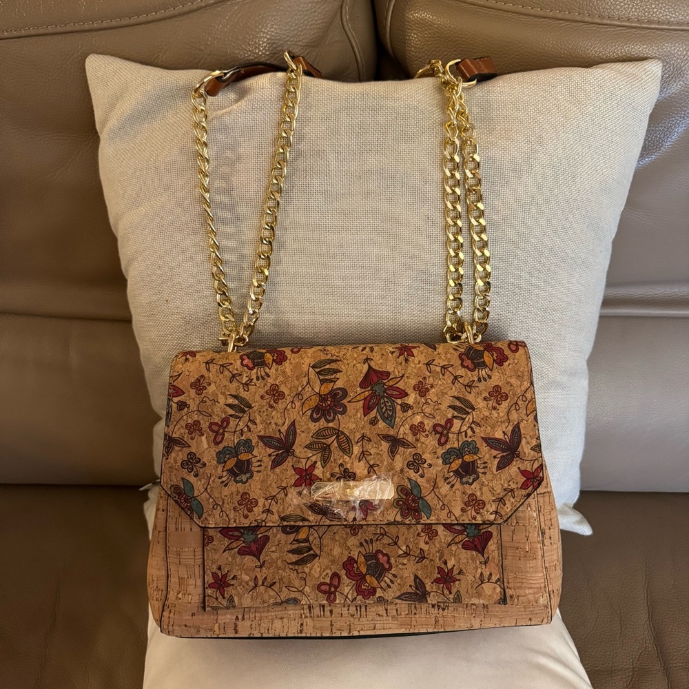 Floral Cork Shoulder Bag with Gold Chain from Portugal